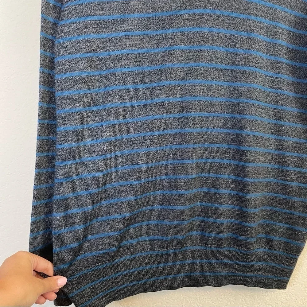 Banana Republic Extra Fine Italian Merino Wool Gray Blue Stripe V Neck Sweater